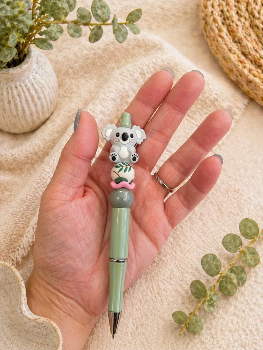 Adorable handmade koala beaded pen with hardcover Floral Green Spiral Notebook
